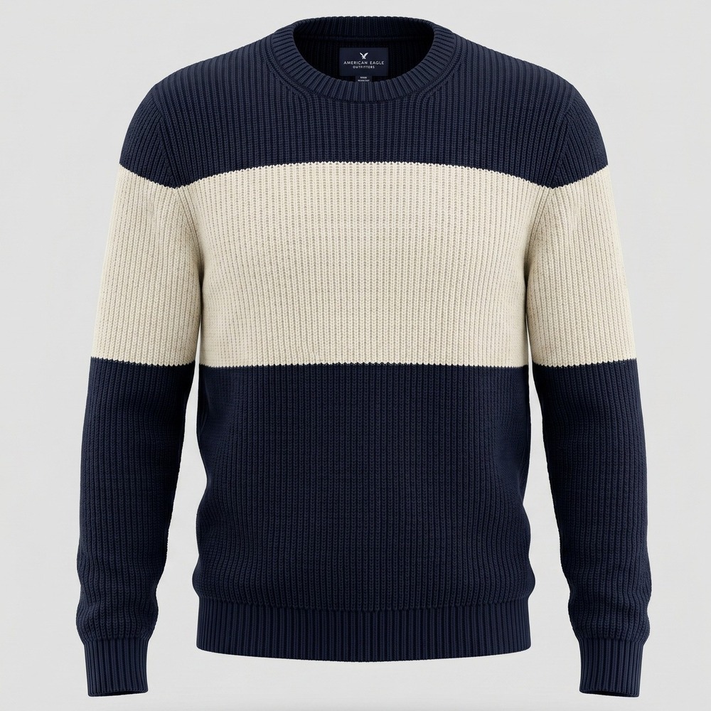 American Eagle Mens M Navy Blue Sweater Colorblock Ribbed Knit Crewneck Pullover
